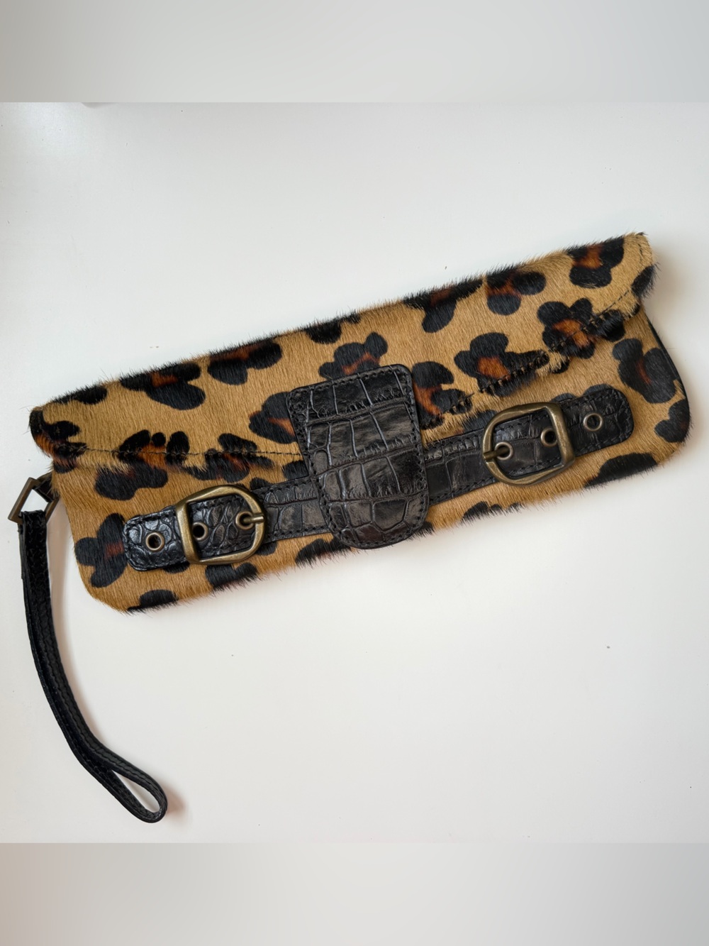 Vintage Y2K Maurizio Taiuti Leopard Print Calf hair and Leather Trim Clutch